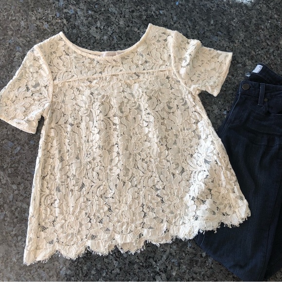 LOFT Cream Lace Floral Short Sleeve Top - Picture 5 of 16